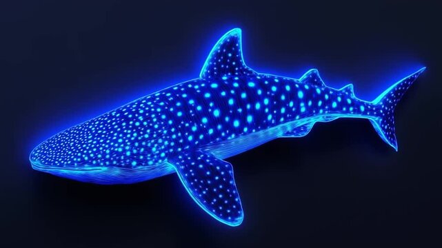 A glowing blue whale shark illuminated against a dark background, showcasing its vibrant patterns and beauty