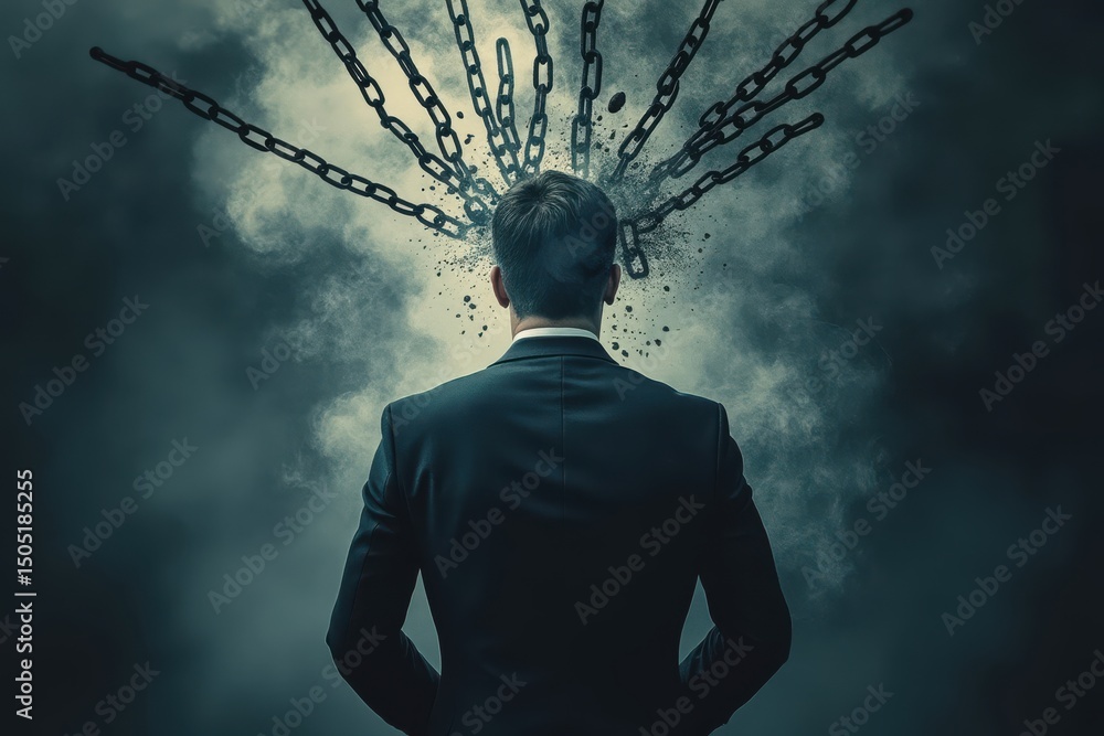 Poster man shackled chains freed concept. a man in a suit with chains exploding from his head.