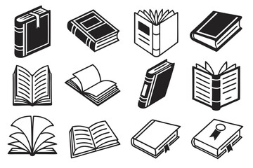 Book Icon Set – Minimalist Black & White Vector Icons of Open, Closed, and Stacked Books for Web & Education