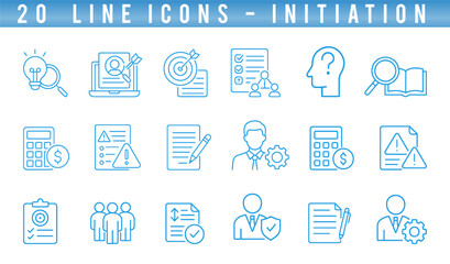 Set of 20 line icons showcases initiation concepts, emphasizing planning, analysis, and teamwork. Each icon represents essential elements to kickstart successful projects effectively