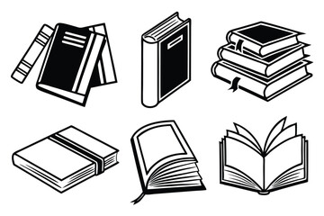Book Icon Set – Minimalist Black & White Vector Icons of Open, Closed, and Stacked Books for Web & Education