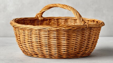 Obraz premium Round wicker basket with handles, empty and clean, placed on plain white surface