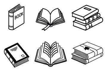Book Icon Set – Minimalist Black & White Vector Icons of Open, Closed, and Stacked Books for Web & Education