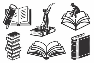 Book Icon Set – Minimalist Black & White Vector Icons of Open, Closed, and Stacked Books for Web & Education