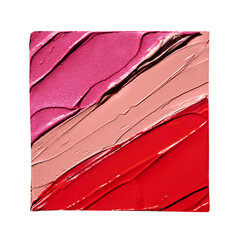 Rich various lipstick texture with smooth application and glossy finish for beauty and cosmetic themes isolated on transparent background. Red and pink lipstick background.