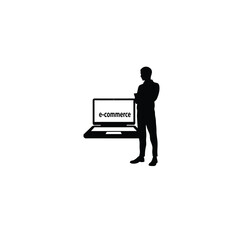 Silhouette of a laptop labeled E-commerce on white background