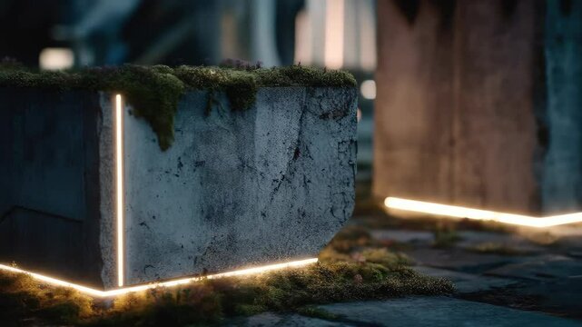 Mossy stone cube with glowing lines in a dim forest mystical aesthetic