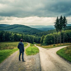 man walking in the mountains, Road decision moment, with a person choosing between two paths in a scenic