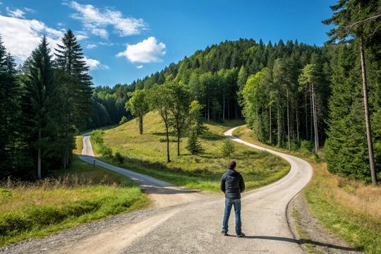 man walking in the mountains, Road decision moment, with a person choosing between two paths in a scenic