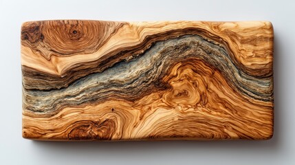 Kitchen cutting board made of olive wood with natural grain, top view on white background