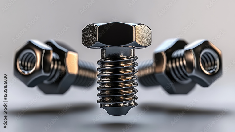 Aufkleber three shiny metallic bolts with hexagonal heads are arranged in modern industrial design, showcasing