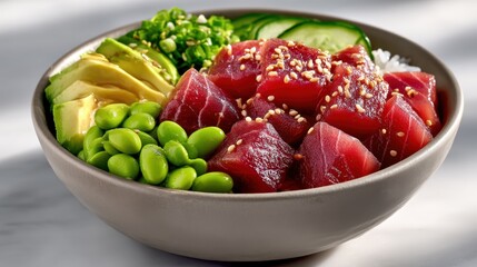 Bowl of poke with raw tuna, avocado, cucumber, edamame, sesame seeds, and rice, served in ceramic bowl, bright natural light