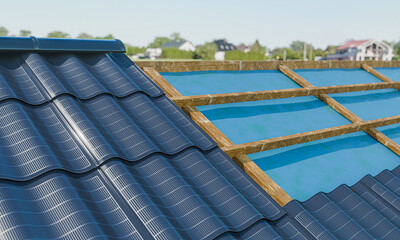 Photovoltaic roof tiles integrated into a house rooftop. Innovative solar energy solution with a modern aesthetic for architectural or sustainable energy visuals.