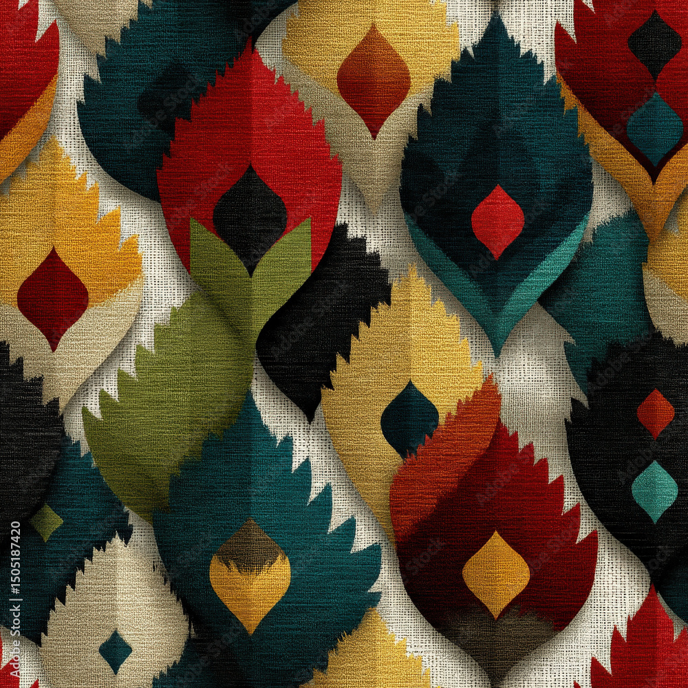 Poster colorful abstract pattern with overlapping leaf shapes in modern ikat style, featuring red, teal, go