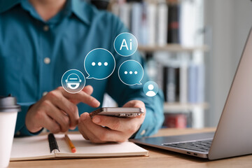 Businessman using AI chatbot on smartphone for digital communication, artificial intelligence virtual assistant concept for customer service, support, and smart technology innovation.