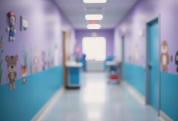 Blurred pediatric clinic hallway in soft pastel hues