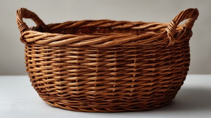 Obraz premium Round wicker basket with handles, empty and clean, placed on plain white surface