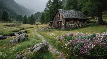 Obraz premium Secluded rustic hut in Austrian Alps, wooden construction with stone foundation, summer wildflowers all around