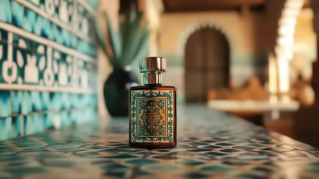 Elegant perfume bottle with intricate design resting on a tiled surface in a beautifully decorated room