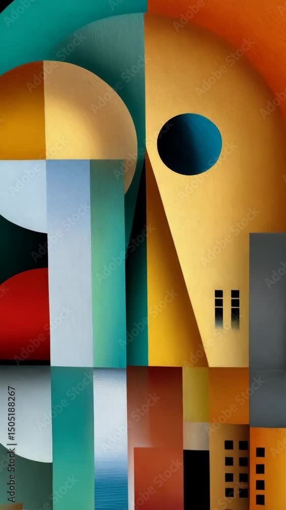 Poster abstract oil painting in a style of geometric design with colorful blocks and circular shapes in var