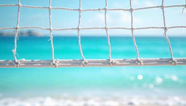 Beach Volleyball Net with Turquoise Ocean Background for Sports Blogs, Beach Activity Websites, Summer Event Promotions, and Fitness Articles  