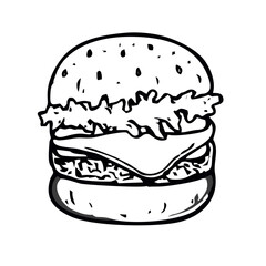 A simple black-and-white line drawing of a delicious burger with lettuce, cheese, and a sesame seed bun.