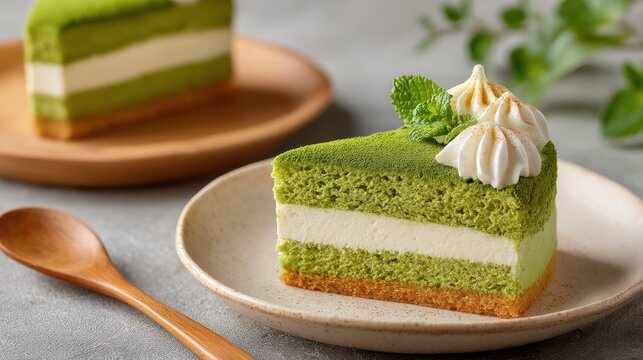 Delicious matcha cake slice with creamy layers on a rustic plate.