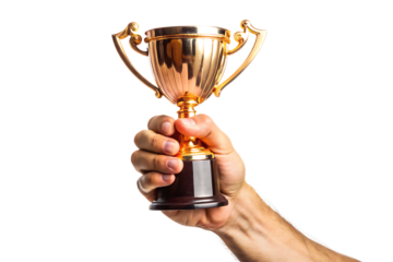 Gold trophy held in hand isolated on a white background