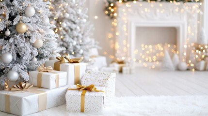 Festive Season in Home: The cozy ambiance of the holiday season, with shimmering lights adorning a Christmas tree, gift boxes, a fireplace create warm and magical atmosphere