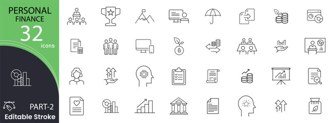 Personal finance related icons set. Including budgeting, savings, expenses, investment, money, planning, wallet, and banking. Editable stroke. outline icons.