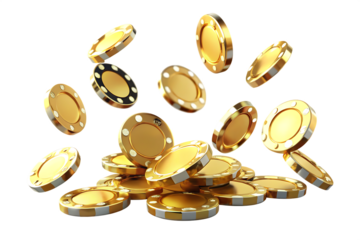 Golden casino chips falling isolated on a white background png ai generated