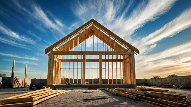 Wooden House Frame Under Construction Against Blue Sky Building Site