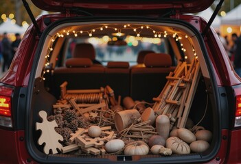 Open hatchback trunk filled with wooden crafts, illuminated by string lights