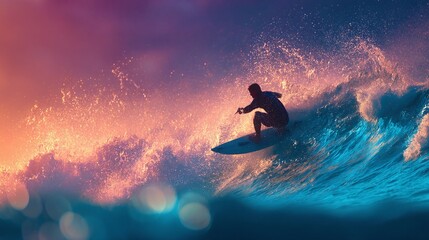 Surfer riding a powerful wave at sunset, with vibrant colors and dynamic ocean background