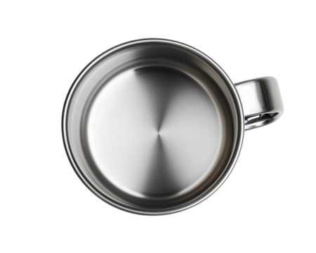 Aerial view of a stainless steel mug with handle