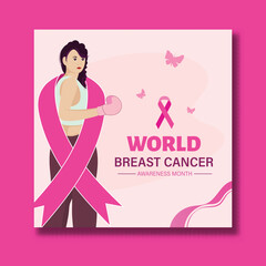 World Breast Cancer Awareness Month Poster with Illustration of Young Woman Wearing Boxing Gloves and Pink Ribbon Symbolizing Strength and Power.