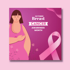 Breast Cancer Awareness Month Poster with Young Woman with Pink Ribbon Symbol Vector Illustration.