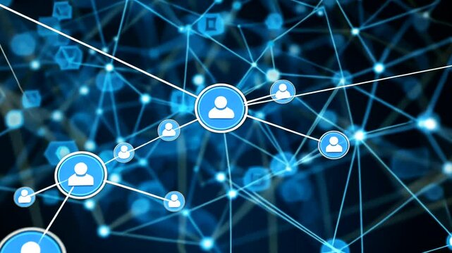 Network of interconnected blue avatar icons connected by luminous lines, against a bokeh background of glowing hexagons