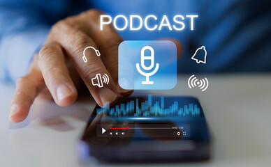 People listening podcast on smartphone with streaming interface digital lifestyle, audio content experience, podcast learning, creator economy and voice broadcasting trend entertainment and education