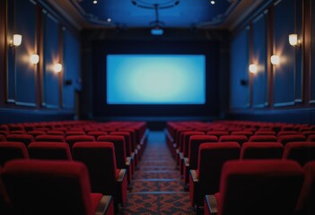 Cinema screen glowing softly on empty seats viewed from the back row