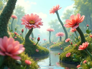 Bring the futuristic vision of EcoFriendly Robotic Gardening to life using CG 3D rendering techniques, showcasing a surreal landscape with robotic flowers twisting into unexpected angles