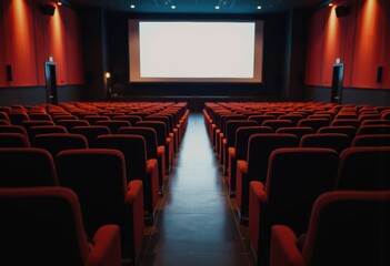 Cinema screen glowing softly on empty seats viewed from the back row