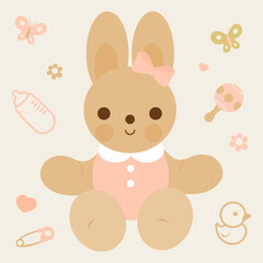 Baby bunny toy for kid bed with butterflies and flowers. Cute crib decoration for sleeping newborn baby girl in beige neutral pastel colors. Milk bottle, toy rattle and accessories. 