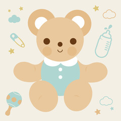 Cute baby toy set for kid bed room with teddy bear. Milk bottle, clouds, stars and baby toys, toy rattle and accessories. Crib decoration for sleeping newborn baby boy. Vector illustration