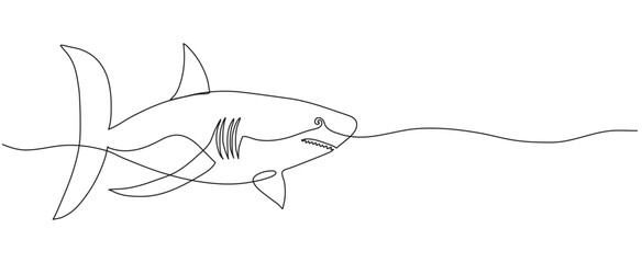 Shark one line art. Banner with copy space. Editable stroke hand drawn design. Continuous Outline drawing with ocean animal fish for poster card