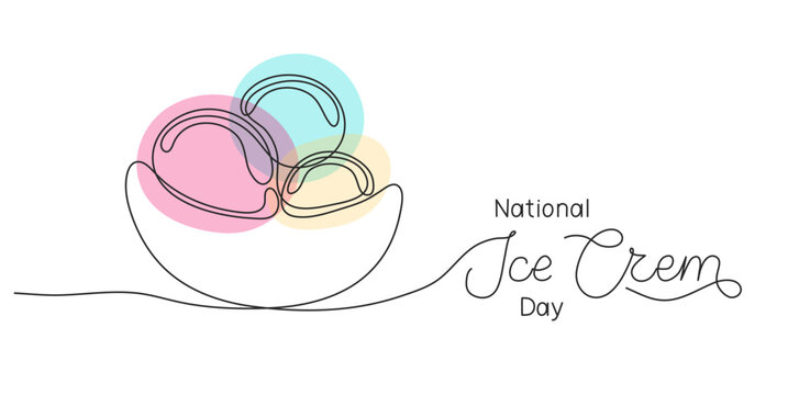 National Ice Cream Day one line art background with sweet balls. Editable stroke hand drawn lettering. Text banner template. Outline drawing with typography for poster card.