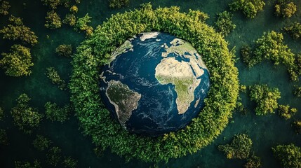 Fototapeta premium World globe with grass green around it, flat lay