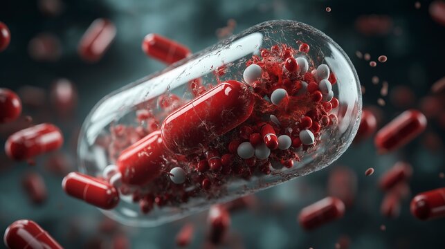 Dynamic red and white capsules surrounded by floating particles creating a striking visual of scientific exploration Generative AI