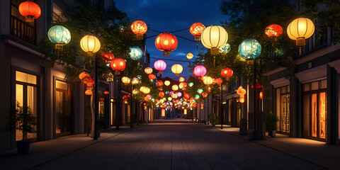 Traditional Lantern-Lit Street During Lunar New Year Celebration