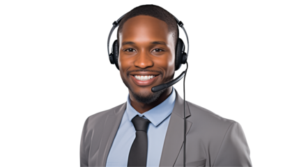 Happy Customer Service Representative Wearing Headset on white and transparent Background